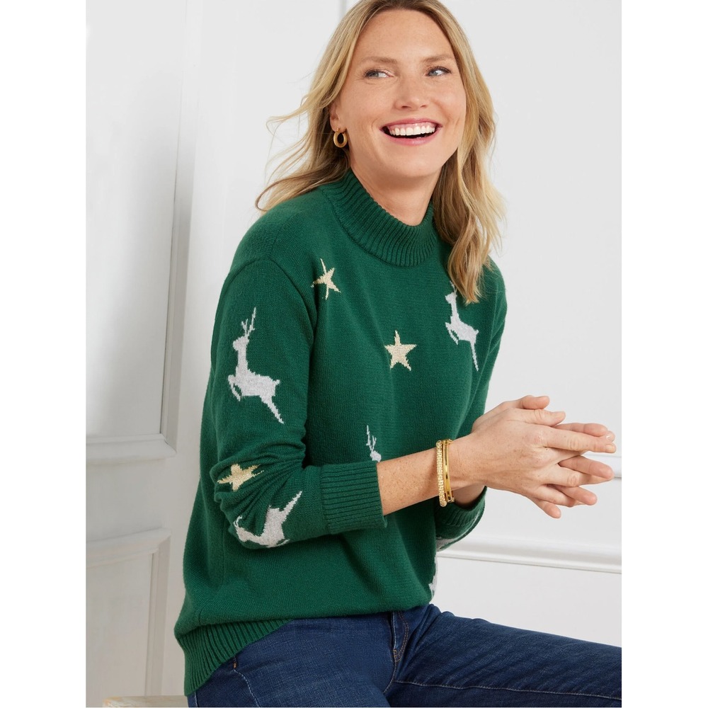 Talbots Women Medium Sweater Green Reindeer Star Metallic Mock Neck Christmas